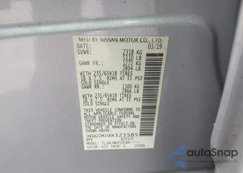 2019 Nissan Murano S z USA, uszkodzony, nr VIN 5N1AZ2MJ5KN125585